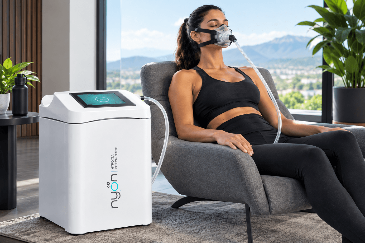 Mujer sentada en un sillón en consulta, respirando a través de una mascarilla conectada a un equipo de hipoxia intermitente, junto a un ventanal con vista a las montañas.